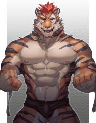 Rule 34 | 1boy, abs, absurdres, bandaged hand, bandages, bandaid, bandaid on cheek, bandaid on face, bara, blue eyes, bulge, check copyright, clenched hands, copyright request, cowboy shot, excited, furry, furry male, highres, large pectorals, legs apart, looking at viewer, male focus, muscular, muscular male, navel, neumo, nipples, original, pectorals, red hair, short hair, smile, solo, stomach, thick eyebrows, thick thighs, thighs, tiger boy, wrestling outfit
