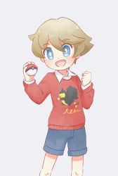 Rule 34 | 1boy, akasaka (qv92612), blue eyes, brown hair, clenched hand, collared shirt, commentary request, creatures (company), game freak, hair between eyes, happy, highres, holding, holding poke ball, long sleeves, male focus, nintendo, open mouth, poke ball, poke ball (basic), pokemon, pokemon swsh, red sweater, shirt, short hair, shorts, solo, sweater, white shirt, youngster (pokemon)
