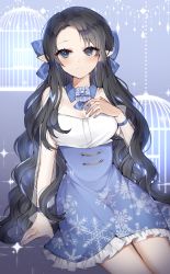 Rule 34 | 1girl, arm support, player character (mabinogi), black hair, blue bow, blue eyes, blue skirt, blush, bow, bracelet, breasts, cleavage, closed mouth, collarbone, hair bow, hand on own chest, highres, jewelry, large breasts, long hair, looking at viewer, mabinogi, poho, sitting, skirt, snowflake print, solo, very long hair