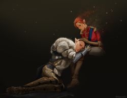 Rule 34 | 1boy, 1girl, armor, bald, boots, cheetahman (1ddghfr78cswc), dissolving, dragon age, dragon age: inquisition, elf, closed eyes, freckles, fur collar, gloves, hand on another&#039;s head, hetero, inquisitor (dragon age), lap pillow, pants, pointy ears, red hair, sash, shirt, simple background, solas