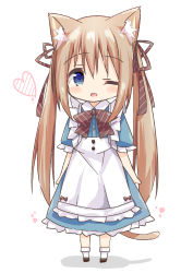 Rule 34 | 1girl, ;d, animal ear fluff, animal ears, apron, black footwear, blue dress, blue eyes, blush stickers, bobby socks, bow, brown bow, brown ribbon, cat ears, cat girl, cat tail, chibi, collared dress, commentary request, diagonal stripes, dress, frilled apron, frills, full body, hair between eyes, hair ribbon, heart, highres, light brown hair, long hair, maid apron, nakkar, one eye closed, open mouth, original, puffy short sleeves, puffy sleeves, ribbon, shadow, short sleeves, smile, socks, solo, standing, striped bow, striped ribbon, tail, twintails, very long hair, white apron, white background, white socks