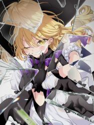 Rule 34 | 1girl, app filter, black dress, black gloves, blonde hair, bow, bowtie, dress, glass, glass shards, gloves, hair bow, highres, kirisame marisa, long hair, looking at viewer, poprication, purple bow, purple bowtie, shards, shattered, shirt, smile, solo, touhou, white shirt, yellow eyes