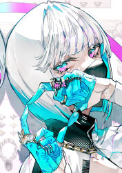 Rule 34 | 1girl, black mask, blue eyes, blue gloves, blunt bangs, bob cut, chain, chain necklace, collarbone, colored eyelashes, from side, gloves, gold necklace, half gloves, heart, heart hands, high collar, highres, jacket, jewelry, long sleeves, looking at viewer, mask, mirror image, mouth mask, multicolored clothes, multicolored hair, multicolored jacket, multiple rings, mura karuki, necklace, open clothes, open jacket, original, portrait, puffy sleeves, rabbit accessory, ring, short hair, solo, two-tone eyes, two-tone hair, two-tone jacket, white hair, zipper