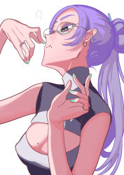 Rule 34 | 1girl, breasts, cleavage cutout, clothing cutout, colored eyelashes, earrings, female focus, glasses, green eyes, hair bun, highres, jewelry, mole, mole on breast, mole under eye, mole under mouth, nn ssmmdd, original, ponytail, simple background, single hair bun, sleeveless, upper body, vore, white background