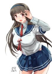 Rule 34 | 1girl, adjusting eyewear, alternate costume, artist name, blue headband, blue skirt, blush, breasts, choukai (kancolle), cosplay, cowboy shot, dated, headband, highres, kantai collection, large breasts, leaning forward, long hair, long sleeves, looking at viewer, necktie, ooyodo (kancolle), ooyodo (kancolle) (cosplay), open mouth, owa (ishtail), pleated skirt, red eyes, red necktie, rimless eyewear, simple background, skirt, smile, solo, white background