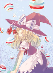 Rule 34 | 1girl, apron, back bow, black hat, black skirt, black vest, blonde hair, blue background, bow, braid, broom, broom riding, fish, frilled apron, frilled bow, frilled headwear, frills, from side, goldfish, hat, hat bow, hat ribbon, highres, kirisame marisa, long hair, looking at animal, puffy short sleeves, puffy sleeves, ribbon, shirt, short sleeves, simple background, single braid, siva, skirt, solo, striped, striped bow, touhou, vest, waist apron, white apron, white bow, white ribbon, white shirt, witch hat
