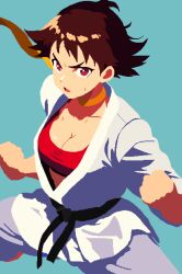 1girl aqua_background belt black_belt breasts brown_hair choker cleavage clenched_hand dougi fighting_stance highres karate_gi looking_at_viewer makoto_(street_fighter) martial_arts_belt mc_898 midriff_peek pixel_art red_eyes red_sports_bra ribbon_choker short_hair solo sports_bra street_fighter sweat tomboy yellow_choker