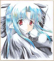 Rule 34 | 00s, 1girl, black bow, blue hair, bow, capelet, frown, fur trim, hair bow, half updo, len (tsukihime), long hair, pointy ears, pom pom (clothes), red eyes, sidelocks, simple background, solo, tsukihime, turtleneck, upper body, white background
