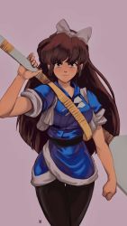 Rule 34 | 1girl, bow, breasts, brown hair, clenched hand, commentary, david liu, english commentary, hair bow, highres, huge weapon, japanese clothes, kuonji ukyou, long hair, medium breasts, narrow waist, over shoulder, pants, pantyhose, ranma 1/2, sleeves rolled up, solo, spatula, standing, strap, thigh gap, weapon, weapon over shoulder