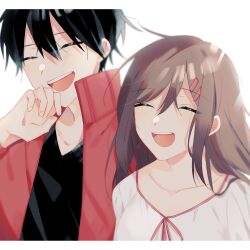 Rule 34 | 1boy, 1girl, absurdres, black hair, black shirt, blurry, brown hair, casual, closed eyes, collarbone, collared jacket, commentary, dress, facing viewer, fingernails, hair between eyes, hand to own mouth, hand up, highres, jacket, kagerou project, kisaragi shintarou, letterboxed, long bangs, long hair, mekakucity actors, muuta04, neck ribbon, no scarf, open clothes, open jacket, open mouth, popped collar, red jacket, red ribbon, red trim, ribbon, shirt, short hair, side-by-side, smile, t-shirt, tateyama ayano, teeth, track jacket, upper body, upper teeth only, white background, white dress