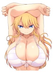 Rule 34 | 1girl, armpits, arms up, bikini, blonde hair, blue eyes, breasts, chichi chichi, chintauro, closed mouth, collarbone, commentary request, cool-kyou shinja, highres, huge breasts, long hair, simple background, smile, solo, striped bikini, striped clothes, swimsuit, upper body, white background