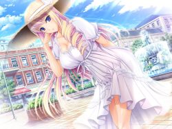 Rule 34 | 10s, 1girl, adjusting hair, arm behind back, bertille althusser, blonde hair, blue eyes, breasts, building, bush, checkered floor, city, cleavage, cloud, day, dress, drill hair, female focus, flower, fountain, from side, game cg, hat, hat flower, komori kei, lace, lace-trimmed dress, lace trim, lamppost, large breasts, leaning forward, light rays, light smile, long hair, looking at viewer, multicolored hair, outdoors, pink hair, railing, ribbon, rose, see-through silhouette, short sleeves, sidelocks, sky, smile, solo, standing, straw hat, sunbeam, sundress, sunlight, tile floor, tiles, tree, twin drills, two-tone hair, very long hair, walkure romanze, water, white dress, white flower, white rose