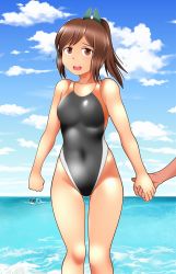 Rule 34 | 1boy, 1girl, abyssal ship, alternate costume, black one-piece swimsuit, blue sky, breasts, brown eyes, brown hair, cloud, competition swimsuit, covered navel, cowboy shot, dark-skinned male, dark skin, day, enemy naval mine (kancolle), feet out of frame, hair ornament, highres, holding hands, horizon, i-401 (kancolle), kantai collection, looking at viewer, ocean, one-piece swimsuit, open mouth, outdoors, ponytail, round teeth, sky, small breasts, standing, swimsuit, tan, tanaka rikimaru, teeth, tentacles, upper teeth only, when you see it