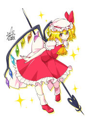 Rule 34 | 1girl, ascot, blonde hair, bobby socks, closed mouth, commentary request, crystal, flandre scarlet, frilled skirt, frills, full body, hat, hat ribbon, highres, holding, holding weapon, laevatein, leaning forward, looking at viewer, mob cap, partial commentary, petticoat, rainbow order, red eyes, red footwear, red ribbon, red skirt, red vest, ribbon, shirt, short sleeves, signature, simple background, skirt, smile, socks, solo, standing, star (symbol), touhou, umigarasu (kitsune1963), vest, weapon, white background, white hat, white shirt, white socks, wings, yellow ascot