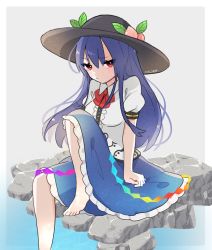 Rule 34 | 1girl, barefoot, black hat, blue hair, blue skirt, buttons, center frills, closed mouth, collared shirt, food, frilled skirt, frills, fruit, hair between eyes, hat, highres, hinanawi tenshi, long hair, necono (nyu6poko), one-hour drawing challenge, peach, puffy short sleeves, puffy sleeves, rainbow order, red eyes, shirt, short sleeves, skirt, solo, touhou, white shirt
