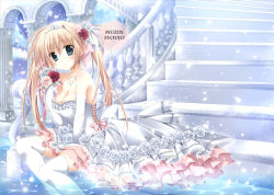 Rule 34 | 1girl, ahoge, bare shoulders, blonde hair, blue eyes, breasts, cleavage, dress, elbow gloves, frilled dress, frills, gloves, hair ornament, hair ribbon, holding, in water, jewelry, korie riko, large breasts, long hair, looking at viewer, necklace, original, ribbon, sitting, smile, solo, stairs, thighhighs, tiara, twintails, wedding dress, white dress, white gloves, white thighhighs, zettai ryouiki
