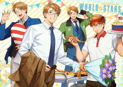 Rule 34 | 4boys, ;d, ahoge, america (hetalia), american flag, axis powers hetalia, blonde hair, blue eyes, blue suit, bouquet, brown vest, cake, cheek bulge, cheese trail, copyright name, flower, food, formal, glasses, green jacket, grin, heart, heart-shaped pillow, holding, holding bouquet, holding clothes, holding food, holding jacket, holding pizza, holding tray, jacket, unworn jacket, m/, male focus, mini flag, multiple boys, multiple persona, one eye closed, open mouth, paper chain, party, pillow, pizza, pizza slice, purple flower, smile, star (symbol), striped, striped background, suit, to@st, tray, vending cart, vest, visor cap, waistcoat, waving, yellow flower