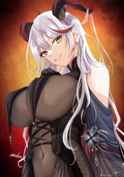 Rule 34 | 1girl, aegir (azur lane), amadarel, azur lane, bad id, bad pixiv id, bare shoulders, black cape, black gloves, bodystocking, breast curtains, breasts, cape, covered navel, cross, cross-laced clothes, cross earrings, demon horns, earrings, elbow gloves, from below, gloves, hair on horn, horns, huge breasts, impossible clothes, iron cross, jewelry, long hair, looking at viewer, looking down, multicolored hair, red hair, skin tight, smile, solo, streaked hair, underbust, white hair, yellow eyes