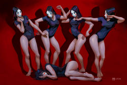 Rule 34 | 5girls, absurdres, black hair, black leotard, breasts, dated, fetal position, hands on own face, highres, incredibly absurdres, leotard, lying, mask, medium breasts, multiple girls, on side, original, red background, shadow, signature, tb choi12, thighs