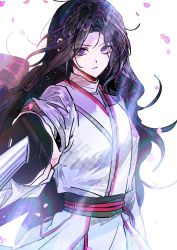 Rule 34 | 1girl, black hair, closed mouth, expressionless, falling petals, highres, light particles, light rays, long hair, long sleeves, petals, pointing sword, purple eyes, return of the mount hua sect, sanya (artist), sash, shirt, solo, sword, upper body, weapon, white background, white shirt, yu iseol (return of the mount hua sect)