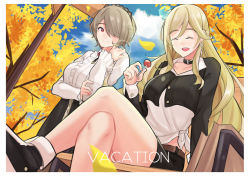 Rule 34 | 2girls, :d, absurdres, arm under breasts, bench, bianka durandal ataegina, black footwear, blonde hair, blue sky, brown hair, candy, casual, closed eyes, closed mouth, cloud, cloudy sky, crossed legs, food, haerge, hair between eyes, hair ornament, hair over one eye, highres, holding, holding food, honkai (series), honkai impact 3rd, lollipop, long hair, long sleeves, looking at another, mole, mole under eye, multiple girls, open mouth, rita rossweisse, shirt, shoes, short hair, signpost, sitting, sky, smile, sneakers, tree, white shirt