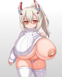 Rule 34 | 1girl, alternate breast size, alternate costume, areola slip, ayanami (azur lane), azur lane, bandaid, bandaids on nipples, blush, breasts, bright pupils, clothes lift, highres, horns, huge breasts, large areolae, light frown, long hair, mechanical horns, nav (itsnav), one breast out, orange eyes, panties, pasties, ponytail, ribbed sweater, shortstack, simple background, sleeves past wrists, solo, sweater, sweater lift, thick thighs, thighhighs, thighs, underwear, white background, white hair, white panties, white pupils, white sweater, white thighhighs