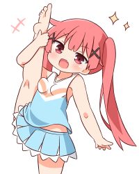 Rule 34 | +++, 1girl, :d, absurdres, arm up, bare arms, bare legs, bare shoulders, barefoot, blue shirt, blue skirt, blush, breasts, brown hair, chibi, commentary request, fang, hair ornament, hana kazari, highres, kneepits, leg up, long hair, looking at viewer, open mouth, pleated skirt, red eyes, shirt, simple background, skirt, sleeveless, sleeveless shirt, small breasts, smile, soles, solo, sparkle, split, standing, standing on one leg, standing split, tanemura koyori, twintails, very long hair, watashi ni tenshi ga maiorita!, white background, x hair ornament