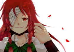 Rule 34 | 1girl, bad id, bad pixiv id, bandages, bandage over one eye, bow, braid, female focus, hair bow, hong meiling, huleito, long hair, no headwear, no headwear, one eye covered, open mouth, red eyes, red hair, smile, solo, touhou, twin braids, wristband
