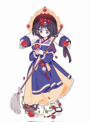 Rule 34 | 1girl, adapted costume, apple, basket, black eyes, black hair, blue hanbok, bow, broken mirror, dress, flower, food, frilled dress, frills, fruit, full body, hair bow, hanbok, highres, holding, holding mirror, juliet sleeves, korean clothes, lia s2, long sleeves, magic mirror (snow white), mirror, mop, puffy sleeves, red bow, shoes, snow white, snow white (disney), snow white and the seven dwarfs, socks, solo, strawberry, strawberry blossoms, tabi, white socks, yellow footwear