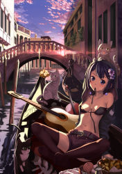 Rule 34 | 1boy, 1girl, acoustic guitar, balcony, beek, belt, black thighhighs, blue eyes, breasts, cat, cleavage, cloud, feet, flower, gondola, guitar, hair flower, hair ornament, hat, highres, instrument, long hair, midriff, mouth hold, navel, original, pet food, river, sitting, small breasts, soles, spread toes, strap gap, strap slip, sunset, thighhighs, toe scrunch, toes, untying, unzipped, water