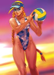 Rule 34 | 1girl, antenna hair, bad id, bad twitter id, ball, blonde hair, blue eyes, braid, breasts, cammy white, camouflage, capcom, collarbone, commentary, curvy, dusk, english commentary, gluteal fold, highleg, highleg swimsuit, highres, lips, long hair, one-piece swimsuit, robaato, scar, shiny skin, small breasts, solo, street fighter, swimsuit, thick thighs, thighs, toned, twin braids, very long hair, visor cap, volleyball, volleyball (object)