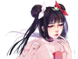 Rule 34 | 1girl, artist name, black hair, black neckwear, blunt bangs, bow, breasts, choker, cleavage, collarbone, cosmetics, double bun, eyebrows, eyeliner, eyeshadow, flower, fuwaffy, gem, hair bun, hair flower, hair ornament, hand on own face, highres, jewelry, lips, makeup, medium breasts, nose, pearl (gemstone), pendant, red bow, see-through, simple background, solo, tulip, upper body, white background, white bow