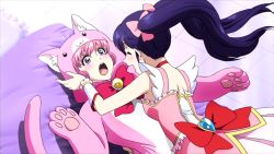 Rule 34 | 2girls, animal costume, animal hands, bed, blush, closed eyes, cosplay, cross ange tr, game cg, hug, lying, magical girl, multiple girls, naomi (cross ange), official art, on back, open mouth, pink hair, purple hair, ribbon, salia (cross ange), smile, surprised, twintails