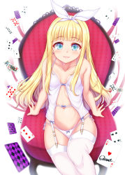 Rule 34 | 1girl, ace (playing card), ace of clubs, ace of hearts, babydoll, bare arms, bare shoulders, blonde hair, blue eyes, breasts, card, chair, club (shape), collarbone, from above, garter straps, groin, hair ribbon, heart, highres, lingerie, long hair, looking at viewer, mononobe alice, navel, nijisanji, open mouth, panties, playing card, radral, ribbon, side-tie panties, sitting, small breasts, smile, solo, spaghetti strap, stomach, string panties, thighhighs, underwear, underwear only, very long hair, virtual youtuber, white panties, white thighhighs
