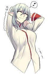 Rule 34 | 1girl, alternate hairstyle, closed mouth, collared shirt, cropped torso, closed eyes, grey hair, grey shirt, hands up, highres, long sleeves, medium hair, musical note, aged up, pointy ears, ponytail, remilia scarlet, shirt, shukusuri, sidelocks, simple background, smile, solo, spoken musical note, stretching, touhou, trembling, white background, white shirt