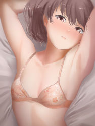 Rule 34 | 1girl, a flat chest is a status symbol, armpits, arms up, blush, bra, breasts, brown eyes, brown hair, closed mouth, floral print, hair between eyes, highres, kantai collection, long hair, lying, on back, orange bra, ryuujou (kancolle), small breasts, solo, tama (tamago), underwear