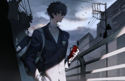 Rule 34 | 1boy, absurdres, amamiya ren, ameinu, bird, black hair, black jacket, breast pocket, building, chinese commentary, closed mouth, cloud, cloudy sky, expressionless, fence, film grain, glasses, grey eyes, hand in pocket, highres, holding, holding phone, jacket, male focus, messy hair, outdoors, persona, persona 5, phone, pocket, power lines, scenery, school uniform, short hair, shuujin academy school uniform, sky, solo, utility pole