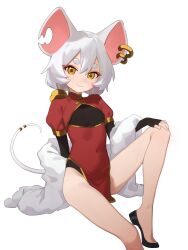 Rule 34 | 1girl, animal ears, china dress, chinese clothes, dress, flat chest, highres, knee up, looking at viewer, mouse ears, mouse girl, mouse tail, original, pelvic curtain, red dress, sash, short eyebrows, simple background, sitting, smile, solo, tail, white background, white hair, wuju (1198979953), yellow eyes
