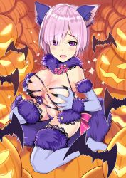Rule 34 | 1girl, animal ears, bare shoulders, bat (animal), blue thighhighs, blush, breast hold, breasts squeezed together, breasts, elbow gloves, fate/grand order, fate (series), fur-trimmed gloves, fur trim, gloves, halloween, halloween costume, highres, jack-o&#039;-lantern, large breasts, long hair, looking at viewer, mash kyrielight, mash kyrielight (dangerous beast), official alternate costume, pumpkin, purple eyes, purple gloves, purple hair, purple thighhighs, revealing clothes, ribbon, short hair, solo, sound tamashi, tail, tail ornament, tail ribbon, thighhighs, wolf ears, wolf tail