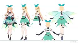 Rule 34 | 1girl, barefoot, black footwear, black gloves, blonde hair, bow, butterfly hair ornament, character sheet, commentary, detached sleeves, elbow gloves, english commentary, fairy, fairy wings, from behind, gloves, green bow, green ribbon, green skirt, hair bow, hair ornament, hair ribbon, halterneck, high-waist skirt, high heels, kujou ichiso, long hair, nijisanji, nijisanji en, official art, pointy ears, pomu rainpuff, pomu rainpuff (1st costume), puffy sleeves, red eyes, ribbon, shirt, skirt, sleeveless, sleeveless shirt, smile, thigh strap, virtual youtuber, white shirt, wings
