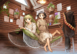 Rule 34 | 2girls, barefoot, black hair, brown theme, child, feet, garex, green hair, hammock, indoors, long hair, looking at another, looking at viewer, lying, multiple girls, pajamas, room, roomscape, short hair, sitting