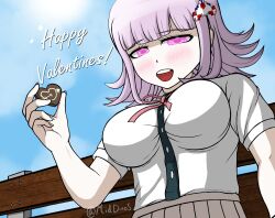 1girl :d a_beautiful_man_(middinos) bench blush breasts brown_skirt chocolate danganronpa_(series) danganronpa_2:_goodbye_despair day food galaga grey_hair hair_ornament happy_valentine highres holding holding_food large_breasts medium_hair nanami_chiaki neck_ribbon no_jacket open_mouth outdoors pink_eyes pink_ribbon ribbon skirt smile solo teeth upper_teeth_only