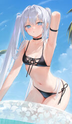 Rule 34 | 1girl, :t, annoyed, arm behind head, arm up, armlet, armpits, bare shoulders, bikini, black bikini, black choker, blue eyes, blue sky, blush, breasts, choker, closed mouth, cloud, cloudy sky, collarbone, day, front-tie top, hair between eyes, highres, innertube, leaning forward, long hair, looking at viewer, mignon, navel, ocean, original, outdoors, palm tree, partially submerged, pout, side-tie bikini bottom, sky, small breasts, solo, standing, stomach, swim ring, swimsuit, tree, twintails, v-shaped eyebrows, very long hair, water, wet, white hair
