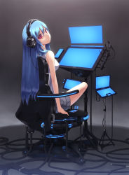 Rule 34 | 1girl, absurdres, blue hair, cable, chair, digital media player, drawing tablet, headphones, highres, long hair, looking at viewer, looking back, monitor, original, red eyes, sitting, solo, wacom, wire, zenn