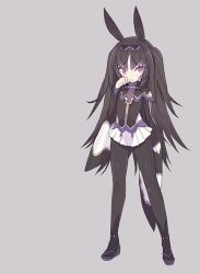 Rule 34 | 1girl, animal ears, black hair, black jacket, black pantyhose, blade (galaxist), brown hair, commentary request, finger to mouth, grey background, jacket, long hair, long sleeves, pantyhose, pleated skirt, pop-up story, purple eyes, rabbit ears, sandals, shizuka himekami, skirt, sleeves past wrists, solo, standing, two side up, very long hair, white skirt
