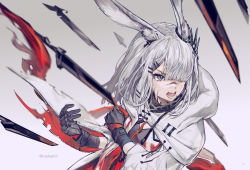 Rule 34 | 1girl, angry, animal ear fluff, animal ears, arknights, black gloves, blade, cape, coat, commentary, csyday, frostnova (arknights), gloves, gradient background, grey eyes, hair ornament, hair over one eye, hairclip, holding own arm, hood, hood down, hooded cape, jacket, long hair, open clothes, open coat, open mouth, originium (arknights), originium arts (arknights), rabbit ears, scar, scar on face, scar on nose, shouting, silver hair, solo, torn clothes, torn sleeve, turtleneck, twitter username, unzipped, upper body, white cape, white coat, zipper