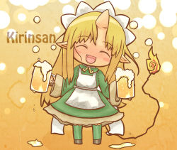 Rule 34 | 1girl, akihiyo, alcohol, apron, beer, blonde hair, blush stickers, chibi, closed eyes, cup, english text, fang, flame-tipped tail, foam, futaba channel, happy, horns, kirin (nijiura maids), long hair, maid, maid apron, maid headdress, nijiura maids, open mouth, personification, pointy ears, single horn, solo, tail