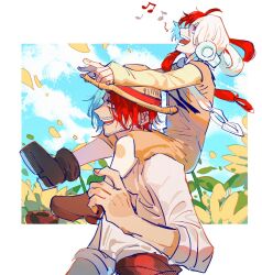 Rule 34 | 1boy, 1girl, aged down, border, brown footwear, brown romper, carrying, cloud, cloudy sky, colored eyelashes, father and daughter, flower, hair rings, hat, headphones, highres, kesu0816, long hair, multicolored hair, musical note, one piece, one piece film: red, open mouth, outside border, petals, red eyes, red hair, romper, shanks (one piece), shirt, shoes, short hair, shoulder carry, sky, split-color hair, sun hat, sunflower, two-tone hair, uta (one piece), white border, white hair, white shirt, yellow flower