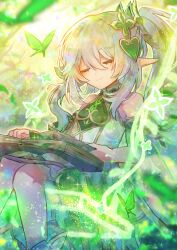 Rule 34 | 1girl, absurdres, blush, book, bug, butterfly, child, closed eyes, closed mouth, genshin impact, green butterfly, green hair, highres, insect, multicolored hair, nahida (genshin impact), open book, pointy ears, shiro (white1560), side ponytail, smile, solo, white hair