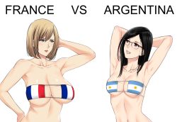 Rule 34 | 2018 fifa world cup, 2girls, :d, american football, argentina, argentinian flag, argentinian flag bikini, argentinian flag print, arm behind head, armpits, arms behind head, arms up, bare arms, bare shoulders, bikini, black hair, blonde hair, blue eyes, braces, breasts, cleavage, collarbone, earrings, eyelashes, eyepatch bikini, flag print, france, french flag, french flag bikini, glasses, grin, hair between eyes, hand on head, hand on own hip, hand to head, highres, hoop earrings, jewelry, large breasts, long hair, looking at another, makeup, mascara, mature female, medium breasts, midriff, mole, mole on armpit, mole under eye, multiple girls, navel, nina hong (xter), open mouth, original, over-rim eyewear, parted lips, place name, print bikini, purple hair, red lips, semi-rimless eyewear, shiny skin, short hair, simple background, smile, standing, stomach, strapless, strapless bikini, swimsuit, under-rim eyewear, vs, white background, world cup, xter
